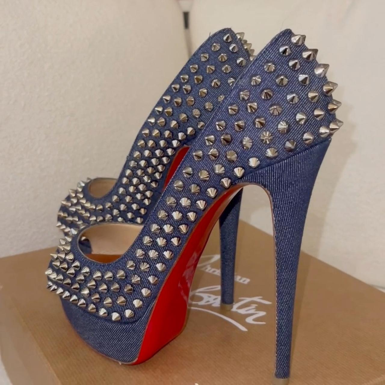 Christian Louboutin Lady Peep Spike Denim Heels. | Depop
