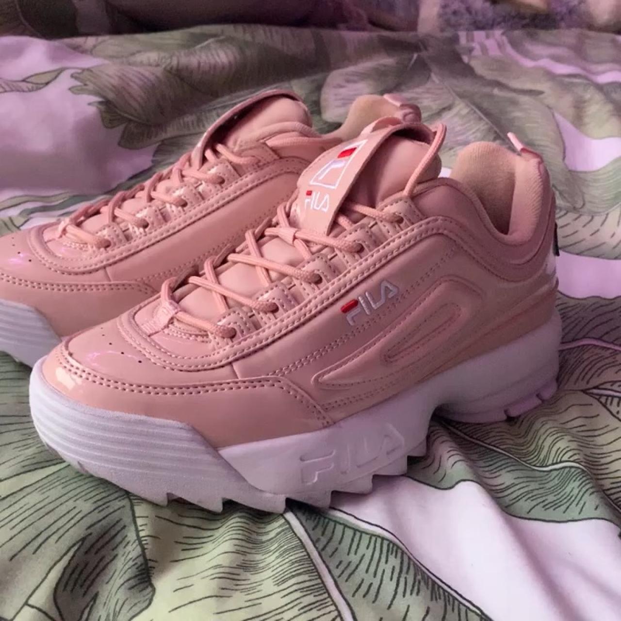 shiny pink fila trainers