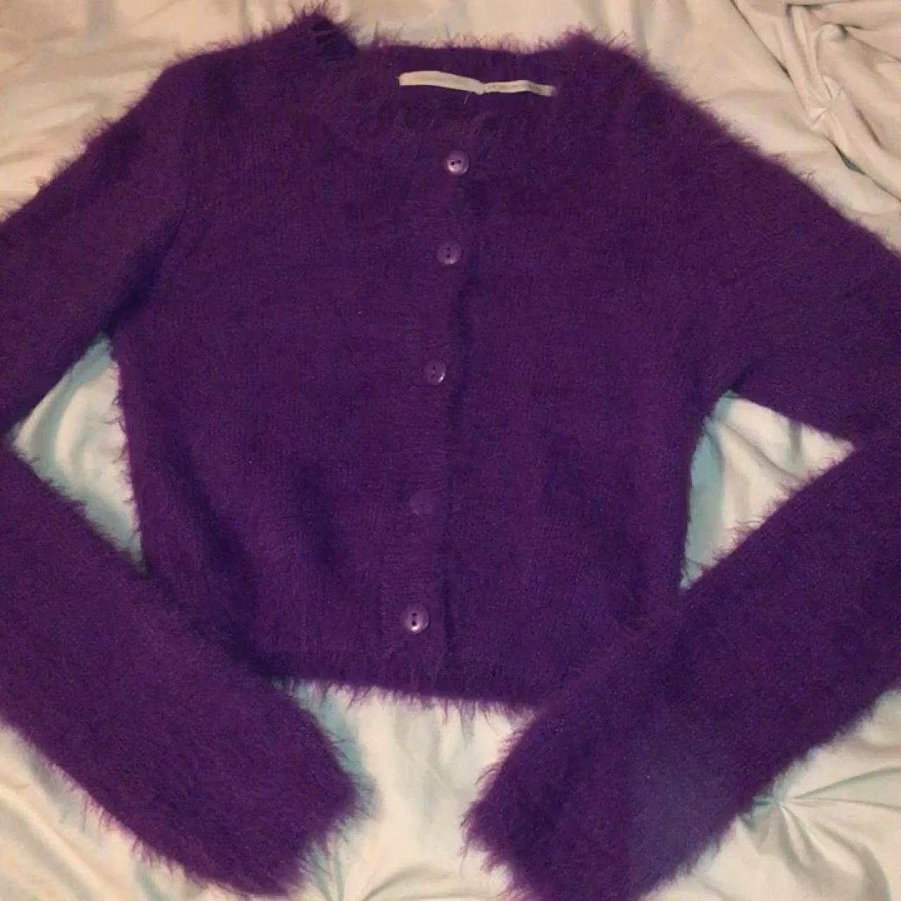 fuzzy purple cardigan