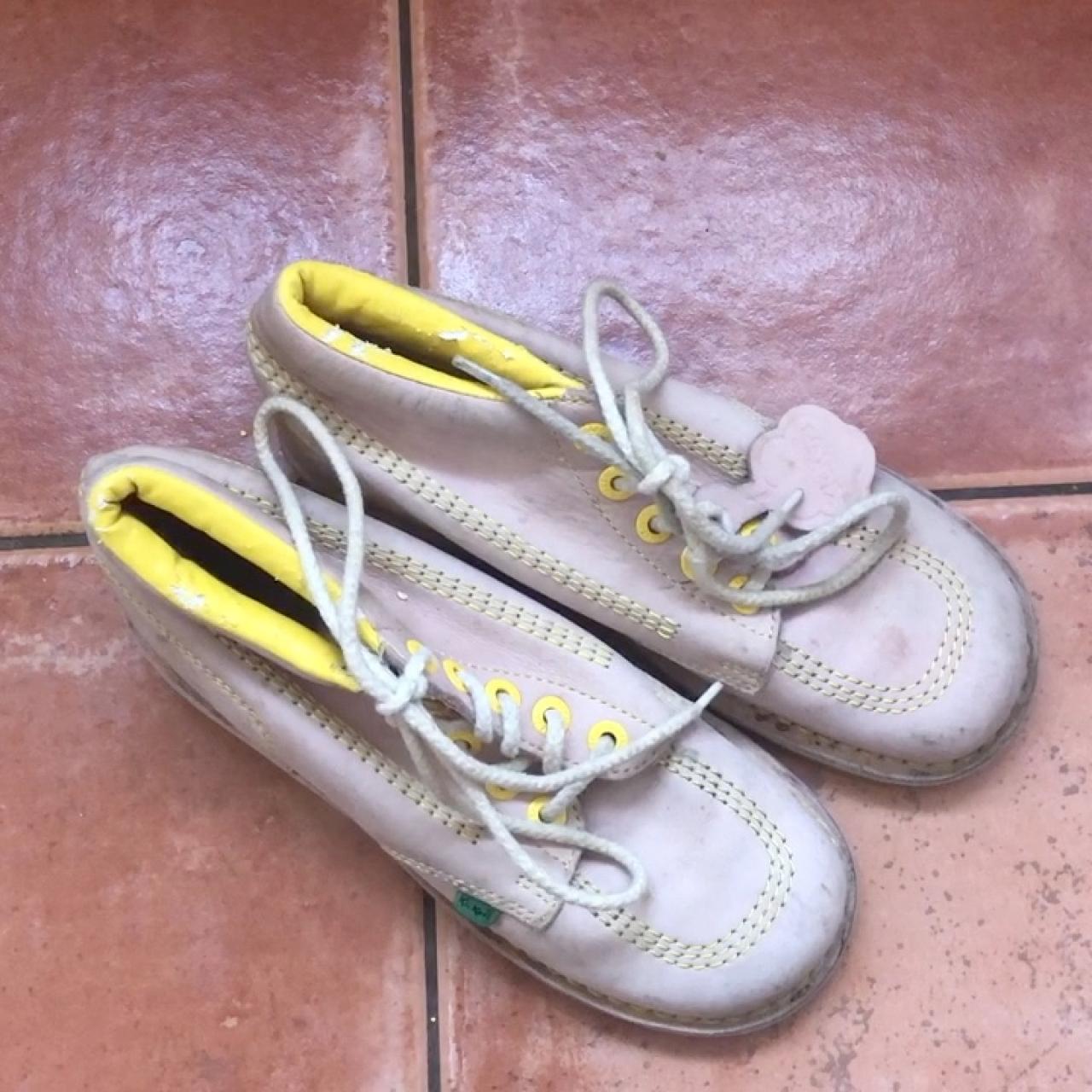 Vintage Kickers, 90’s suede yellow & stone coloured... - Depop