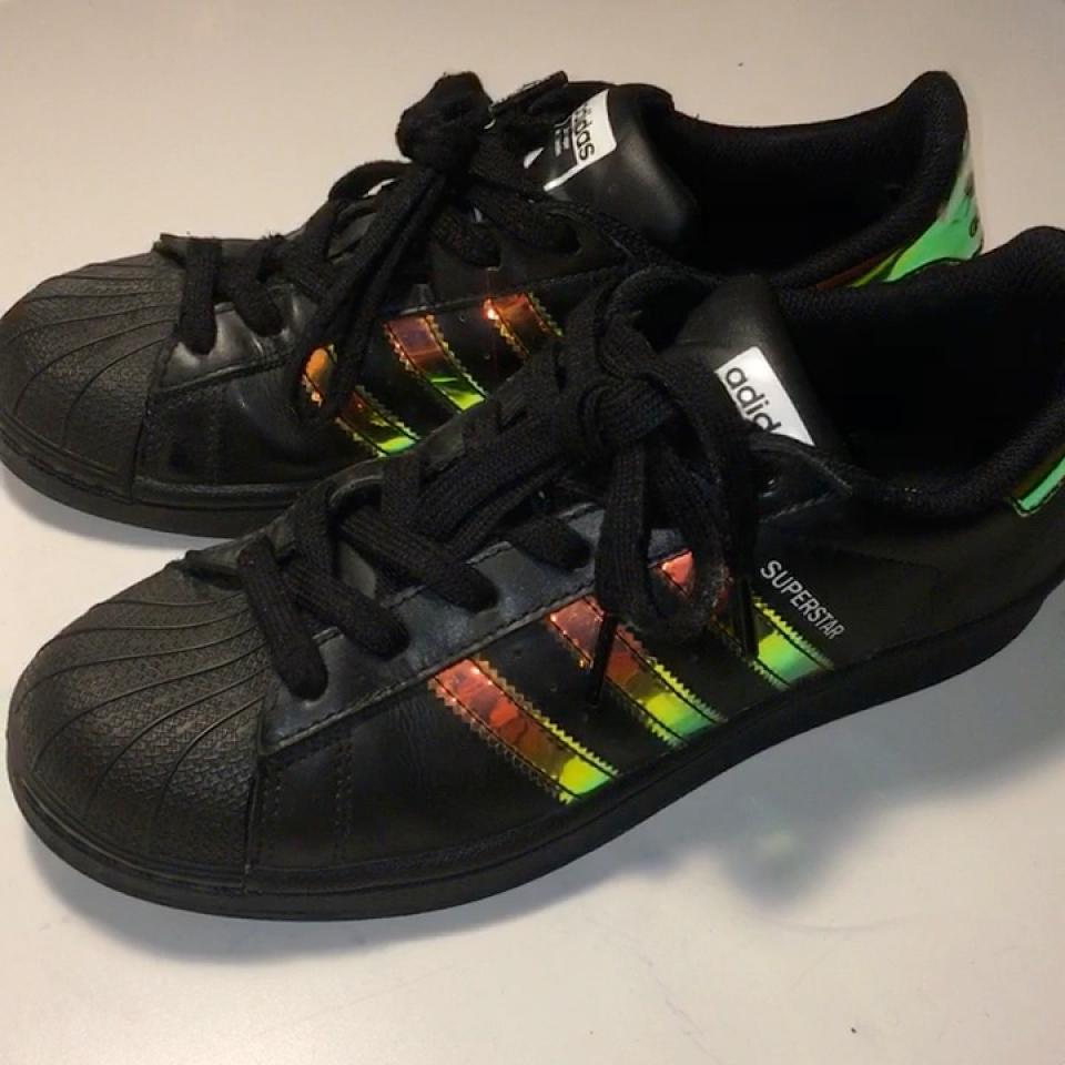 holographic iridescent stripes on black adidas. Depop