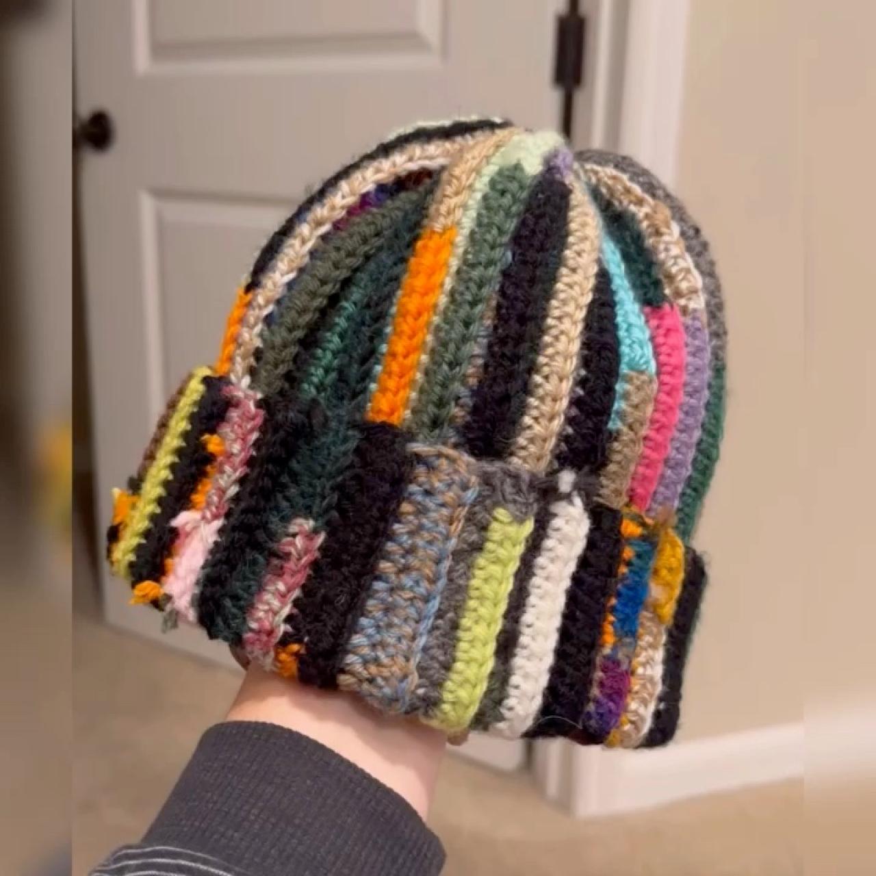 Handmade scrappy beanie! Crocheted with scrap yarn... Depop