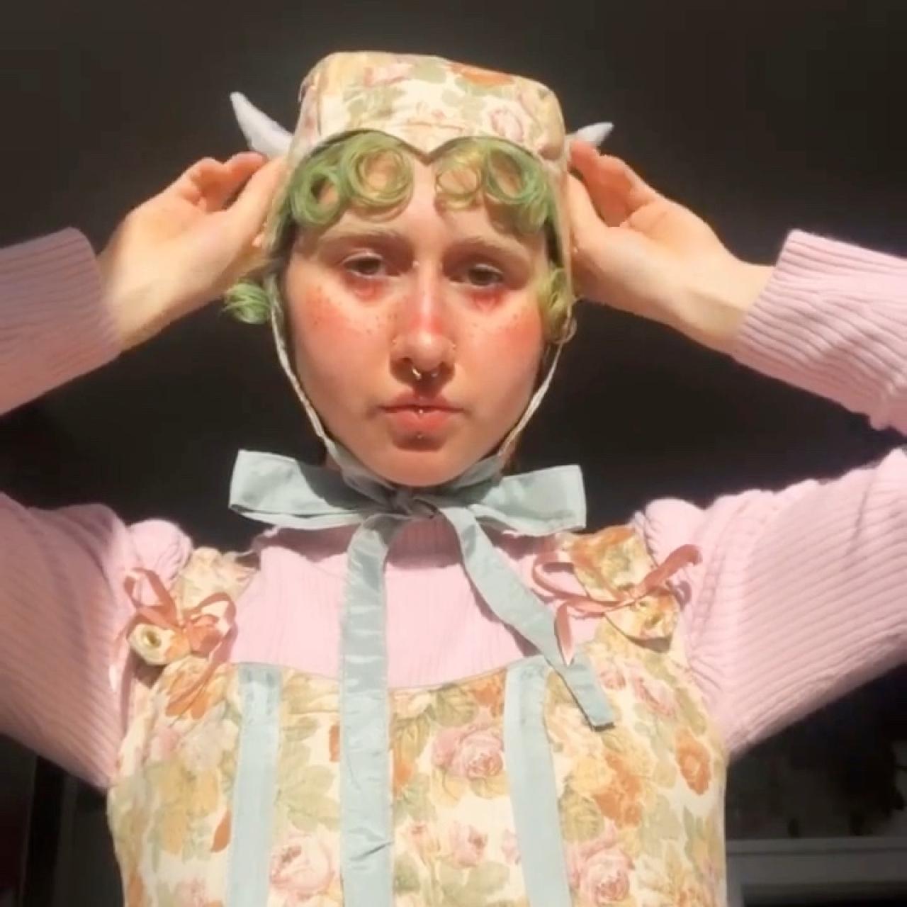 Women's Blue and Cream Hat Depop