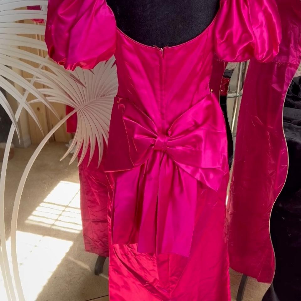 hot pink 80s dress Hot pink 80s prom dress with puffy sleeves and a bow