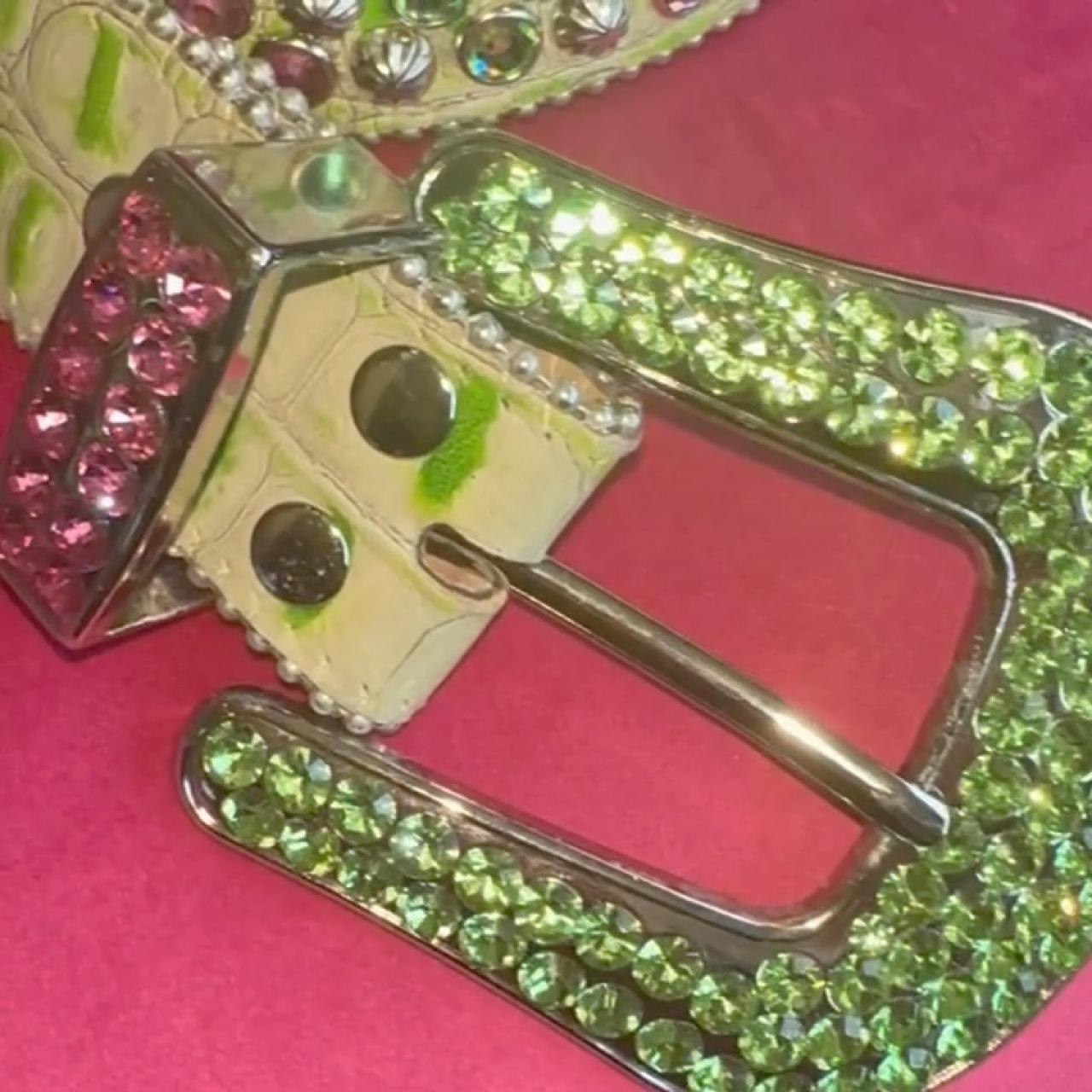 1/1 BB SIMON BELT — LIME GREEN + BABY PINK SNAKESKIN... | Depop
