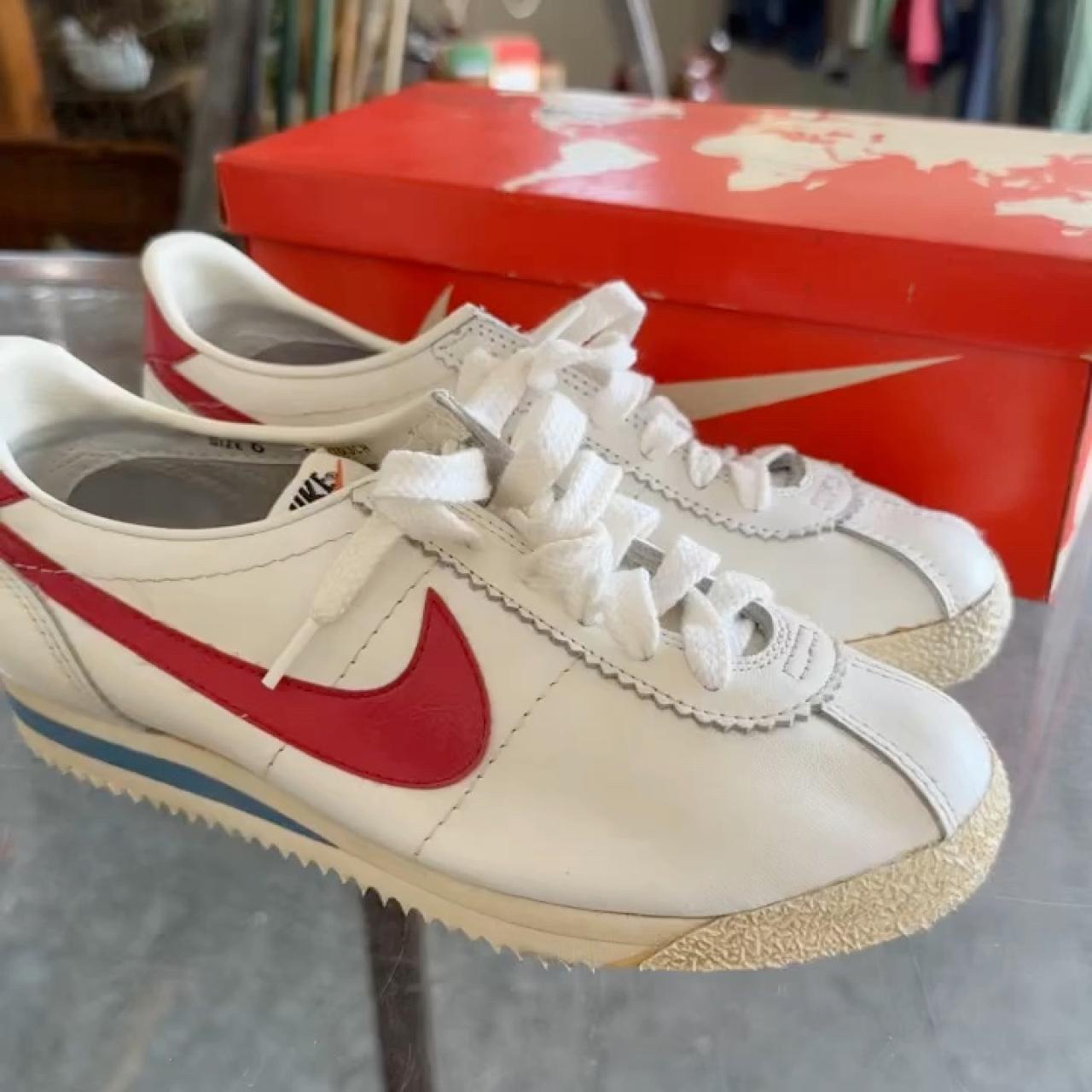 1980s Vintage Nike Leather Cortez White x Red US6... | Depop