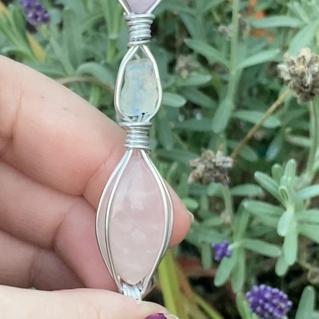 🌙rose quartz, moonstone and kunzite heart tiered... Depop