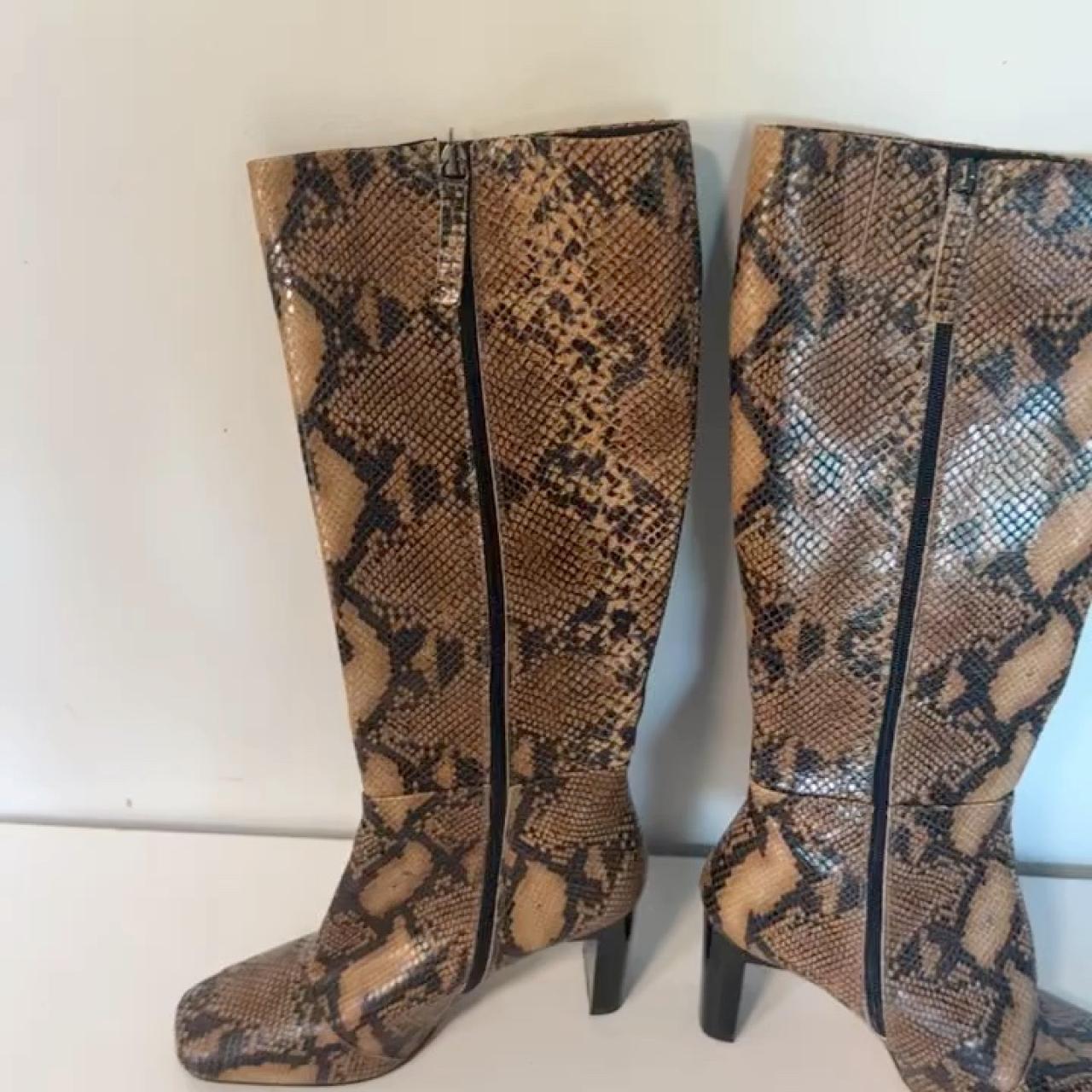 OFFICE faux snakeskin brown knee high heeled boots.... - Depop